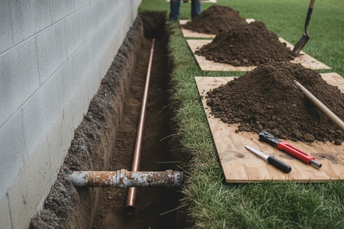 Excavated water line trench during Sewer Line Repair in Crane Hill